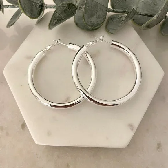 COPY - 925 Sterling Silver Hoop Earrings Large Silver Hoops Chunky Earrings - Picture 3 of 6